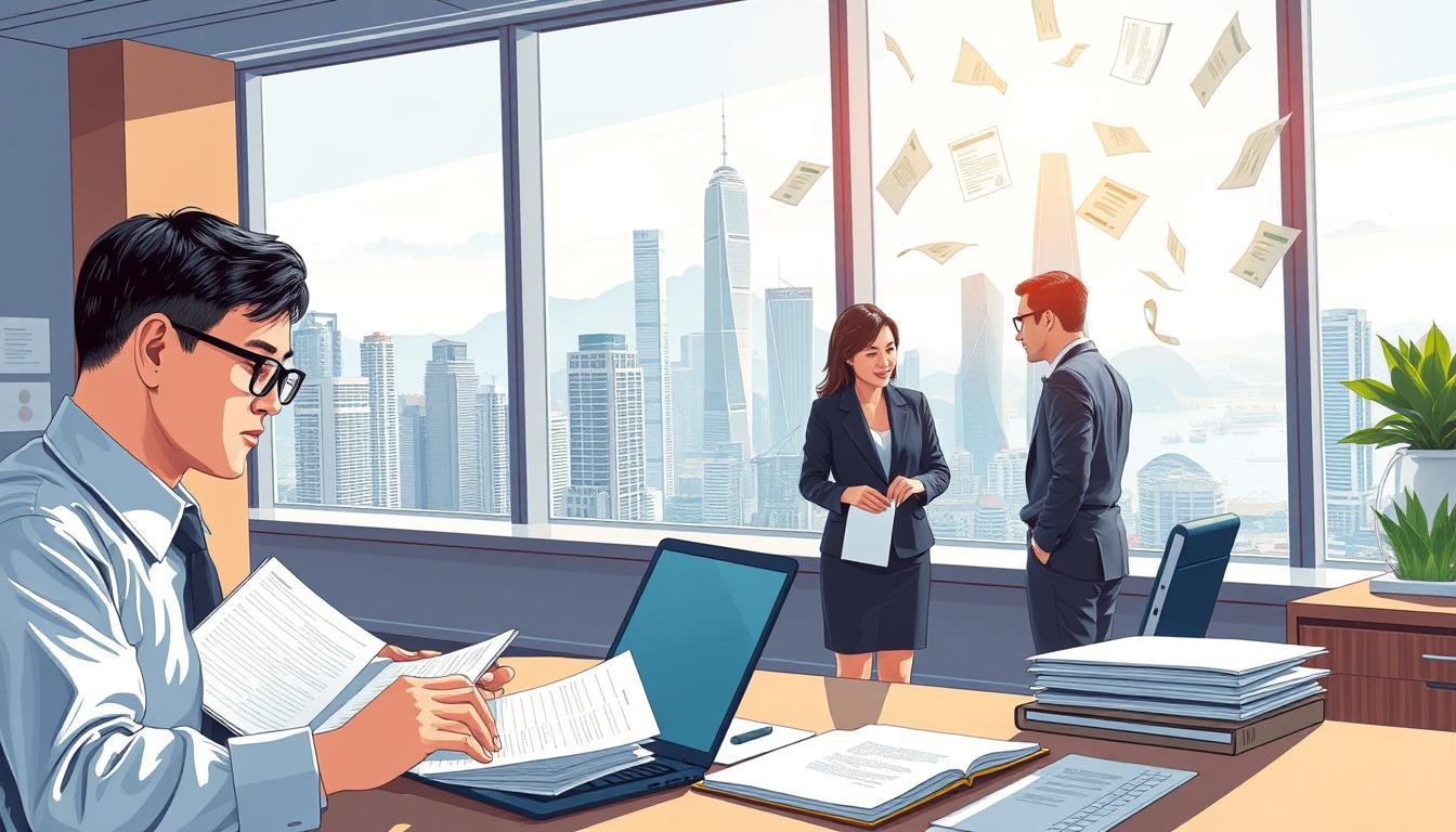 A detailed illustration depicting the business registration and licensing process in Hong Kong. In the foreground, an office scene with a business professional in smart attire reviewing documents at a desk cluttered with forms and a laptop. In the middle ground, two colleagues discuss in front of a large window showcasing the Hong Kong skyline, with iconic skyscrapers and harbor scenery. The background features an abstract representation of legal documents and certificates floating, symbolizing the registration process. The lighting is bright and professional, enhancing a focused and motivated atmosphere. Use a slightly angled perspective to create depth, ensuring the image conveys a sense of diligence and optimism within Hong Kong's dynamic business environment.