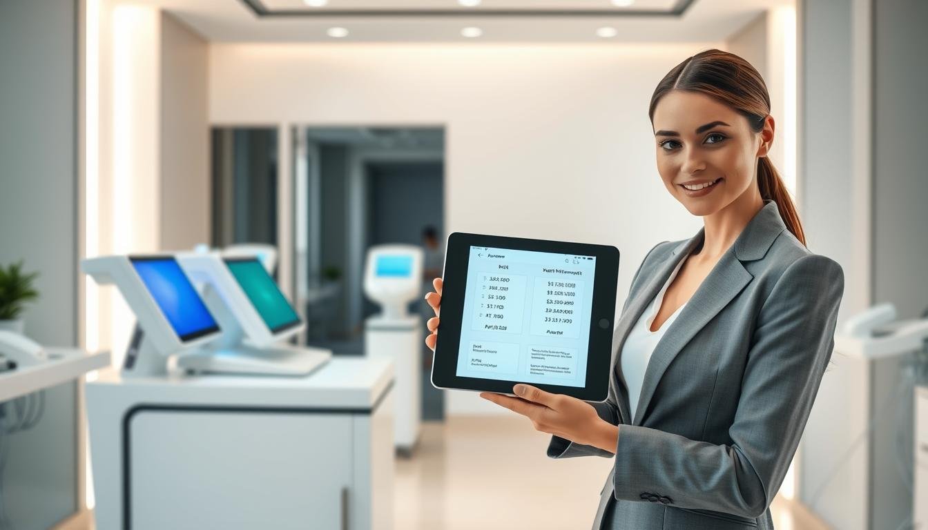 A detailed split-screen comparison on laser hair removal costs versus IPL hair removal prices, showcasing a sleek and modern aesthetic. In the foreground, a professional woman in business attire is holding a digital tablet displaying price charts. The middle section features two distinct areas: one dedicated to laser hair removal with advanced equipment, and the other showcasing IPL technology with its corresponding apparatus. Soft, diffused lighting creates a clean and inviting atmosphere. In the background, a minimalistic salon environment with neutral colors complements the focus on the pricing comparison. The scene emphasizes professionalism and clarity, ideal for an informative article illustration. The angle is slightly elevated, capturing both the technology and the woman’s engaged expression, ensuring no distractions or text in the image.
