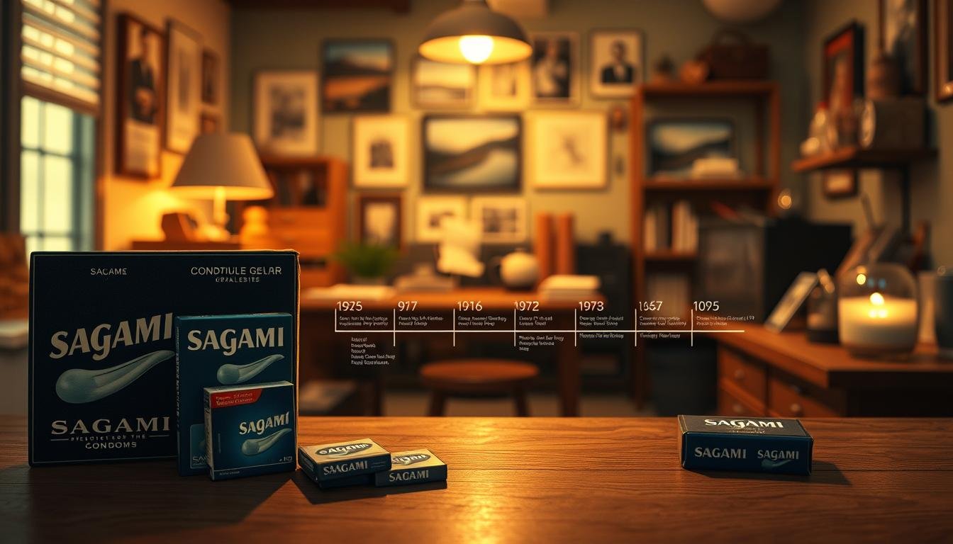 An illustration capturing the brand history of Sagami, with a focus on the evolution of their condom products in a warm, inviting atmosphere. In the foreground, display a vintage Sagami advertisement featuring sleek packaging from various decades, artistically arranged to show progression. In the middle, incorporate a timeline highlighting key milestones in the brand's development, such as product launches and innovations, surrounded by soft, glowing light. The background should feature a cozy workspace with blurred photographs and artifacts representing Sagami's long-standing presence in the industry. The overall mood should be nostalgic yet modern, reflecting both tradition and advancement, with a cinematic vibe. Use warm lighting to create an intimate feel, shot in a 4:3 aspect ratio.