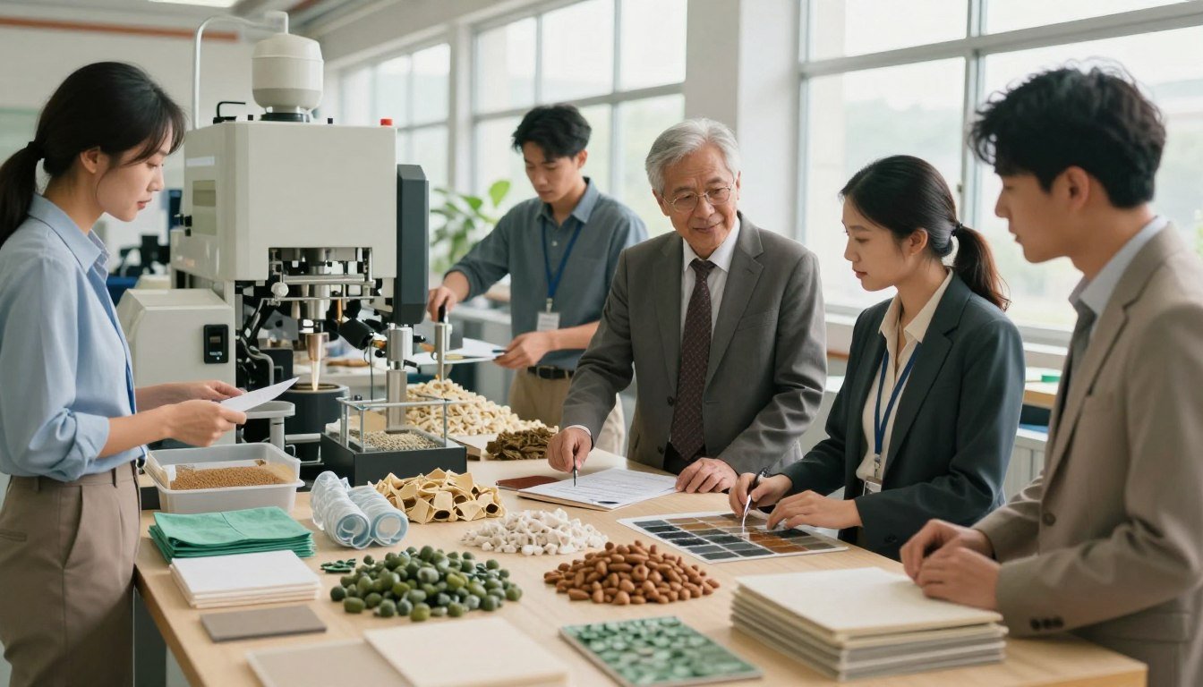 A detailed production process of eco-friendly materials for a green manufacturing facility, emphasizing sustainable practices. In the foreground, a diverse team of professionals in business attire is actively discussing quality control standards, surrounded by samples of eco-friendly materials, like recyclable plastics and biodegradable components. In the middle ground, state-of-the-art machinery operates, transforming raw materials into finished products, showcasing meticulous craftsmanship. The background features a bright, well-organized workspace with large windows allowing natural light to flood in, creating a warm and inviting atmosphere. The overall mood is collaborative and innovative, highlighting sustainability in production, with a cozy cinematic vibe captured in a 4:3 aspect ratio.