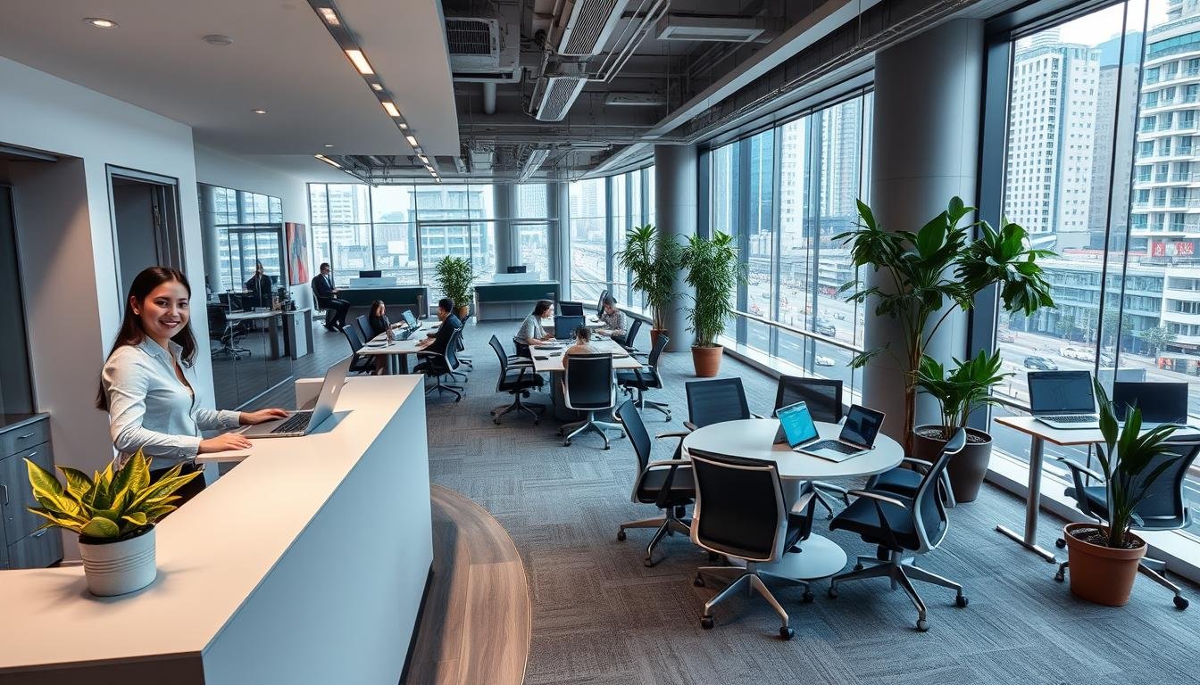 A modern, stylish co-working space in Causeway Bay, showcasing a blend of private offices and open work areas. In the foreground, a sleek reception desk with a friendly staff member in professional attire greeting clients. In the middle, there are contemporary desks with laptops, ergonomic chairs, and potted plants that create a vibrant atmosphere. A small meeting room is visible, featuring glass walls and a large round table with professionals in business attire engaged in discussion. In the background, large windows offer a panoramic view of the bustling Causeway Bay street, illuminated by natural light. The mood is dynamic and productive, conveying the advantages of renting serviced offices. Use a wide-angle lens to capture the spaciousness and detail, with bright, inviting lighting to enhance the professional environment.