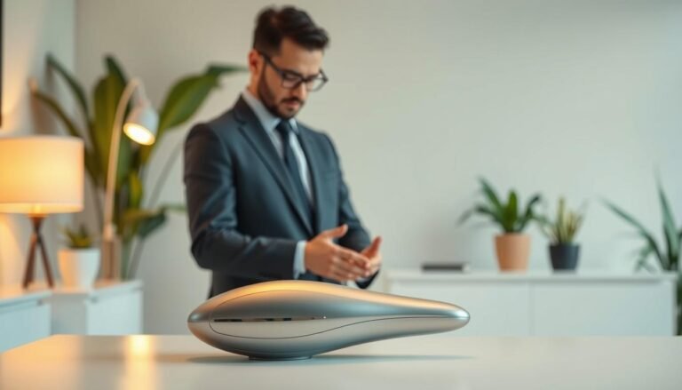 A visually engaging educational illustration depicting the physiological health benefits of a male electric device in a professional setting. In the foreground, a sleek and modern electric male device is shown prominently on a stylish table, with soft lighting highlighting its contours. In the middle ground, a focused male figure dressed in a professional suit is interacting with the device, demonstrating its use while maintaining a modest posture and expression. The background is a softly blurred wellness-focused environment, featuring calming colors and elements like plants and a serene workspace. The overall mood conveys a blend of professionalism and relaxation, emphasizing the balance between technology and physical health. The lighting is warm and inviting, set at a slightly elevated angle to capture both the product and the engaged individual harmoniously.