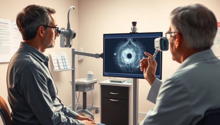 A detailed illustration of macular degeneration symptoms affecting vision. In the foreground, showcase an eye examination scene with a patient sitting in a doctor's office, wearing professional attire, as an ophthalmologist examines their eyes using an optical coherence tomography (OCT) device. In the middle ground, clearly illustrate the OCT image displayed on a screen, highlighting macular edema, with visible swelling and fluid accumulation in the macula. In the background, depict a clinical setting with medical instruments and charts, under soft, even lighting that conveys a sterile yet warm atmosphere. The overall mood should be informative and professional, emphasizing the importance of early detection and diagnosis. No text or captions should be included.