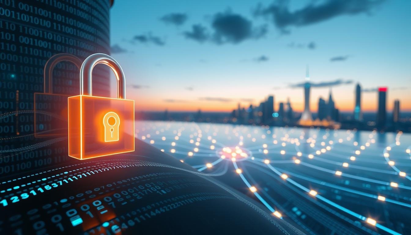 A futuristic digital environment showcasing "3A" entertainment city's data encryption technology and security protection. In the foreground, sleek, glowing cryptographic locks symbolize advanced security, surrounded by binary code flowing elegantly like a river of data. The middle ground features an abstract representation of secure transaction pathways, with illuminated nodes connected by radiant lines, conveying a sense of trust and privacy. In the background, a high-tech city skyline is softly lit against a dusk sky, enhancing the atmosphere of innovation and security. The lighting is ambient, with a bluish hue dominating the scene, suggesting a calm yet advanced technology realm. The entire composition should evoke a sense of safety and confidentiality in financial transactions, without any text or distractions.