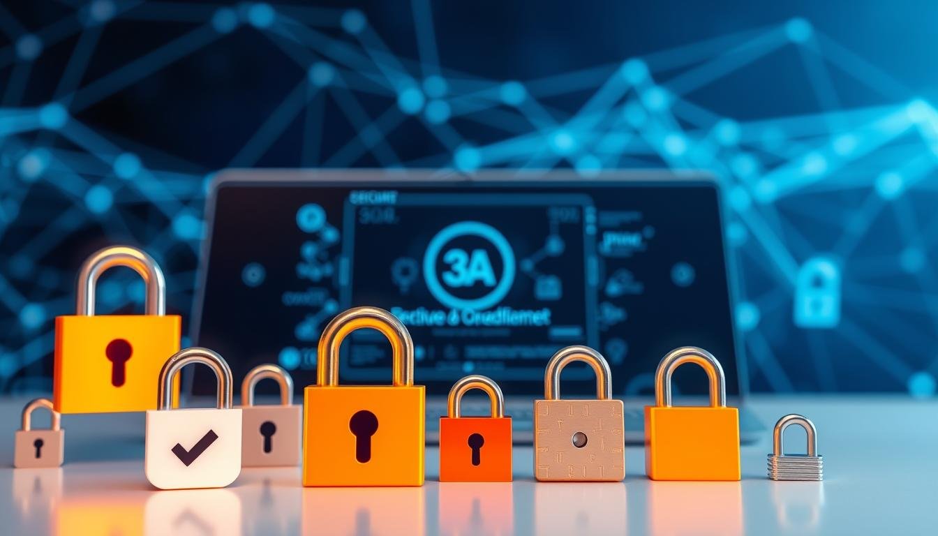 A modern digital platform interface showcasing security symbols and identification signs. In the foreground, a variety of safety signs symbolizing privacy and trust, such as padlocks, shields, and checkmarks, are prominently displayed. In the middle ground, a sleek, high-tech user interface, subtly highlighting the brand "3A," demonstrates encrypted communication in action. The background features a digital landscape, with interconnected lines resembling a secure network, softly lit by a blue glow to evoke a sense of security. The overall mood is professional and reassuring, with a focus on enhancing user trust through visual representation of SSL encryption. The lighting is bright yet soft, capturing attention without being overwhelming.
