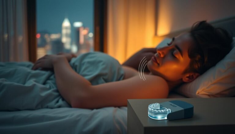 A serene bedroom scene at night, featuring a couple peacefully sleeping in an intimate, cozy atmosphere. In the foreground, a gentle profile of a person sleeping on their side, illustrating slight signs of snoring, with subtle sound waves emanating from their mouth. In the middle ground, a bedside table with a small, sleek anti-snoring device resembling a mouthguard, highlighting its modern design. The background showcases a softly lit window showing a glimpse of the Hong Kong skyline at night, adding context. Use warm, soft lighting to create a comforting environment, with a shallow depth of field focusing on the couple while maintaining a dreamy, tranquil mood.