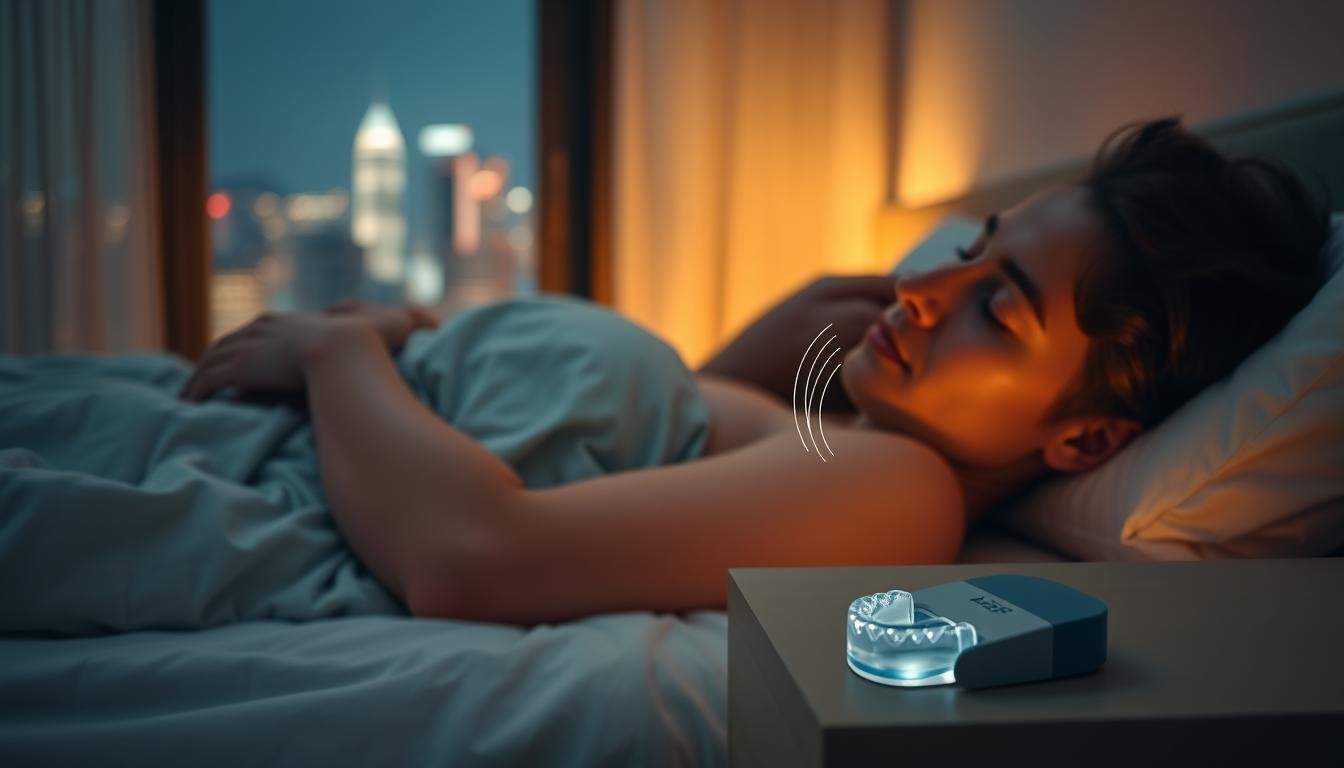 A serene bedroom scene at night, featuring a couple peacefully sleeping in an intimate, cozy atmosphere. In the foreground, a gentle profile of a person sleeping on their side, illustrating slight signs of snoring, with subtle sound waves emanating from their mouth. In the middle ground, a bedside table with a small, sleek anti-snoring device resembling a mouthguard, highlighting its modern design. The background showcases a softly lit window showing a glimpse of the Hong Kong skyline at night, adding context. Use warm, soft lighting to create a comforting environment, with a shallow depth of field focusing on the couple while maintaining a dreamy, tranquil mood.