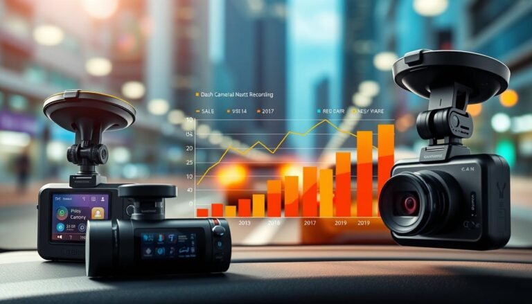A dynamic and informative visualization of the market trends for dash cameras, showcasing various models and their features. The foreground features a selection of modern dash cameras, with sleek designs and digital displays, highlighting their technological advancements. In the middle ground, include charts and graphs depicting sales growth and consumer interest over recent years, using vibrant colors and clear data points. The background should show a blurred urban landscape, emphasizing the context of driving and recording. The lighting is bright and energetic, conveying a sense of innovation and progress. The atmosphere should be professional and engaging, reflecting the importance of high-fidelity recording for safety and analysis, especially in high-speed scenarios.