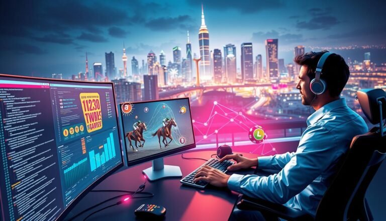 A dynamic and visually striking digital illustration showcasing the application of API technology in gaming. In the foreground, a modern developer sits at a sleek workstation, engaged with multiple screens displaying lines of code, symbols of lottery and horse racing games, and graphical interfaces. The middle layer features stylized representations of various gaming elements, such as colorful lottery tickets and racing horses, interspersed with glowing API connections illustrated as vibrant data streams. In the background, a futuristic city skyline looms, illuminated by bright neon lights, symbolizing the integration of cutting-edge technology in a competitive market. Use dramatic lighting to create a sense of excitement, with a high-angle view that captures both the developer's concentration and the vibrant gaming environment. The overall mood is innovative and forward-looking, embodying the transformative power of API technology in the gaming industry.