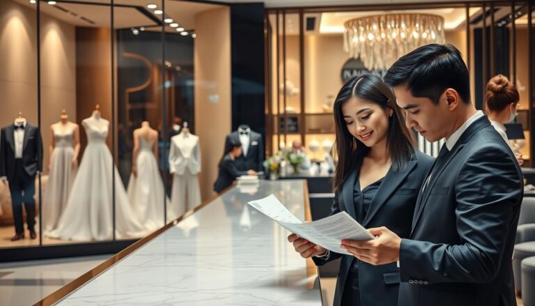 A modern and elegant façade of a Taipei formal wear store, showcasing a stunning array of evening gowns and tuxedos through large glass windows. In the foreground, a well-dressed couple in professional business attire is inspecting the billing statement, with expressions of curiosity and contemplation as they compare it to their initial reservation details. The middle ground features a sleek, polished counter with staff assisting other customers, all in a warm and inviting environment. The background displays tasteful decorations, soft ambient lighting highlighting the garments, and a cozy seating area. The mood is sophisticated, capturing the essence of a high-end fashion experience. The scene is shot from a slightly elevated angle, allowing for a comprehensive view while focusing on the couple's interaction with the statement.