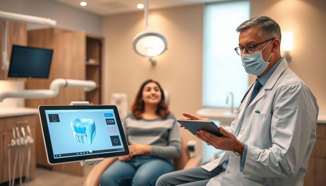 A modern dental clinic scene featuring a skilled dentist in professional attire, interacting with a patient in a comfortable examination chair. In the foreground, the dentist is demonstrating a 3D simulation tool on a tablet, showcasing advanced technology for dental procedures. The patient appears engaged and curious, with a look of assurance. In the middle ground, various dental instruments and modern equipment are neatly arranged, highlighting the clinic's professionalism and cleanliness. The background displays bright, ambient lighting that creates a welcoming atmosphere, with soft colors on the walls that evoke trust and calmness. The overall mood is informative and supportive, emphasizing the importance of choosing a reputable dental service like 仁健牙科 for personalized care.