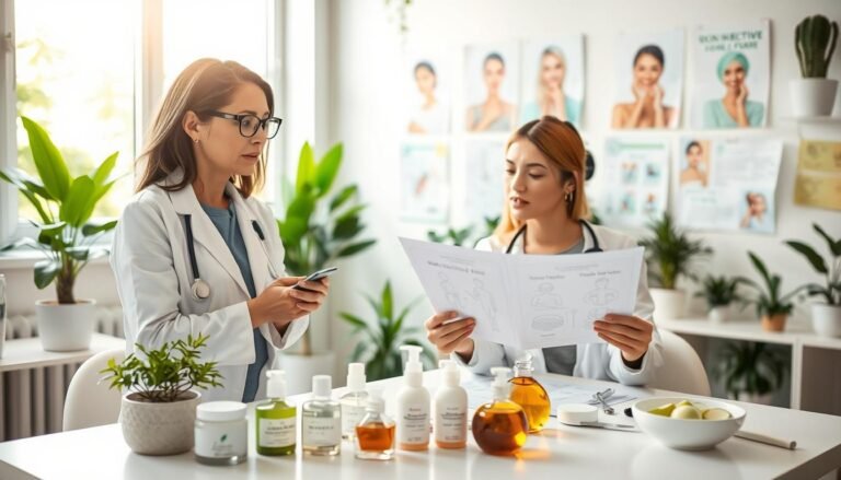 A serene, informative setting depicting an effective eczema treatment approach. In the foreground, a professional dermatologist, a middle-aged Asian woman in a white lab coat and glasses, is engaging with a female patient, a young Caucasian woman in modest casual clothing, showing her detailed diagrams of skin care routines. In the middle ground, a variety of wellness products like moisturizers, topical creams, and natural remedies are laid out on a clean, well-organized table. In the background, bright, natural light filters through a window, illuminating a calm, inviting clinic space filled with plants and skin health posters. The atmosphere is educational and reassuring, emphasizing holistic care without reliance on diet alone. The composition uses a balanced lens effect with soft focus on the background, highlighting the professional interaction in the foreground.