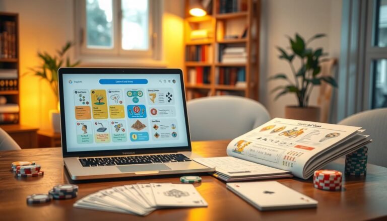 A visually engaging scene depicting the concept of "3A 娛樂城電子書報" as a digital learning resource for beginners. In the foreground, an open, modern digital e-book displaying vibrant illustrations of various card games and their basic rules, with colorful charts and icons. In the middle, a laptop with a soft glow, placed on a sleek, wooden table, surrounded by a variety of playing cards, chips, and a notepad with notes. The background features a cozy, well-lit room with a bookshelf filled with gaming books and a potted plant, creating a welcoming atmosphere. The lighting is warm and inviting, suggesting a comfortable space for learning. The image should exude a mood of curiosity and excitement, aimed at fostering knowledge for newcomers to card games.