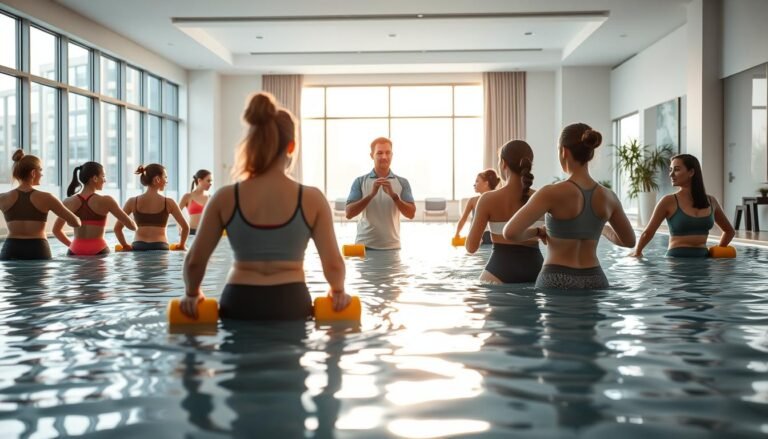 An advanced physiotherapy clinic specializing in knee rehabilitation, featuring a spacious, well-lit interior. In the foreground, a diverse group of patients engaged in hydrotherapy, wading through water while performing low-impact exercises, wearing comfortable, modest athletic clothing. Therapeutic equipment is visible, such as resistance bands and foam weights. The middle ground showcases a trained physiotherapist guiding a patient through exercises, demonstrating a supportive atmosphere. The background features large windows allowing natural light to flood the room, creating a warm and inviting ambiance. Soft lighting highlights the serenity of the space, reflecting a mood of healing and recovery, emphasizing the importance of Meniscus Rehab HK in knee recovery. The image captures the essence of rehabilitation, resilience, and professional care without any text or distractions.