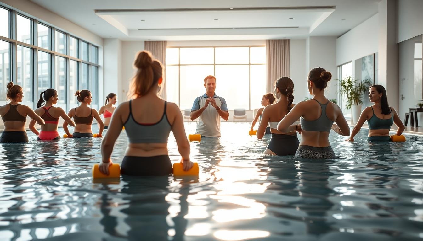 An advanced physiotherapy clinic specializing in knee rehabilitation, featuring a spacious, well-lit interior. In the foreground, a diverse group of patients engaged in hydrotherapy, wading through water while performing low-impact exercises, wearing comfortable, modest athletic clothing. Therapeutic equipment is visible, such as resistance bands and foam weights. The middle ground showcases a trained physiotherapist guiding a patient through exercises, demonstrating a supportive atmosphere. The background features large windows allowing natural light to flood the room, creating a warm and inviting ambiance. Soft lighting highlights the serenity of the space, reflecting a mood of healing and recovery, emphasizing the importance of Meniscus Rehab HK in knee recovery. The image captures the essence of rehabilitation, resilience, and professional care without any text or distractions.