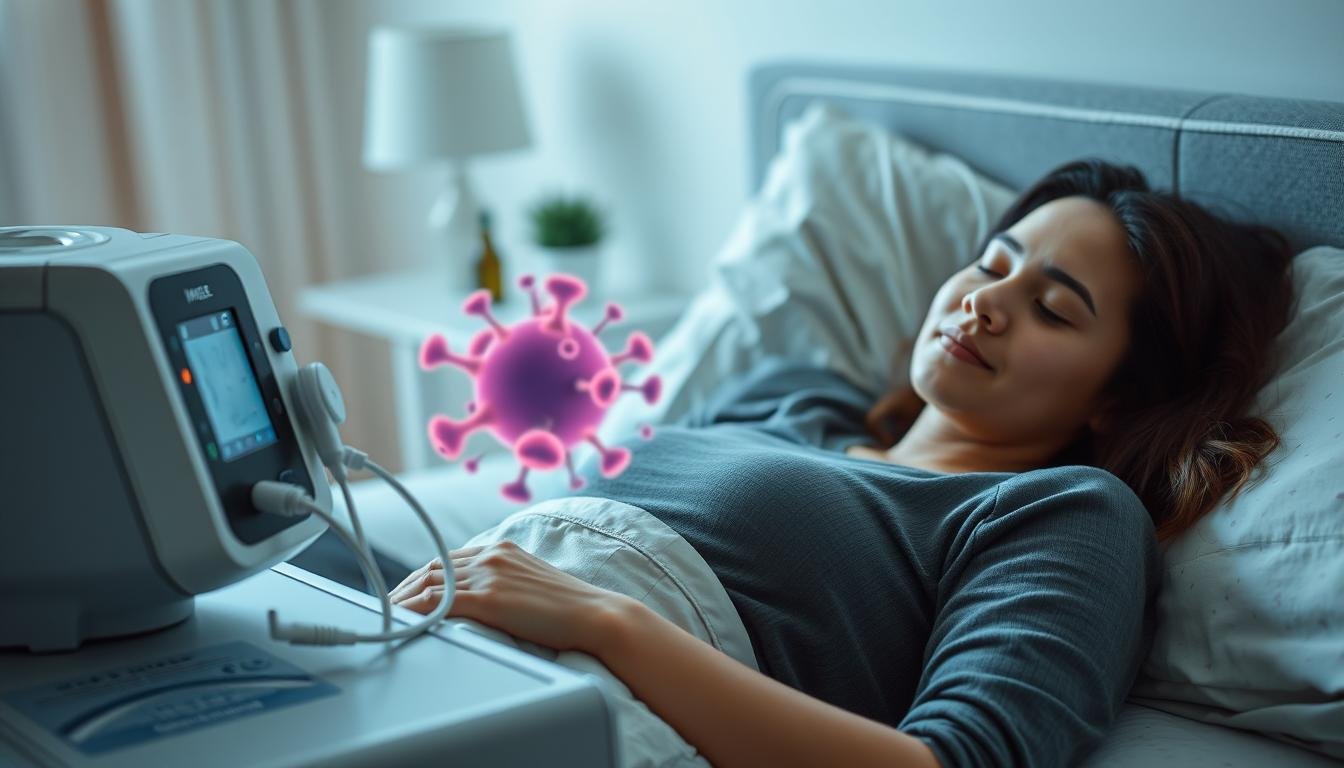 In a serene medical setting, a calm individual in modest casual clothing is positioned comfortably beside a modern sleep apnea device, illustrating its connection to the immune system. Foreground details include the sleek design of the sleep machine and gentle cables linked to a peaceful patient, who is resting comfortably with a relaxed expression. In the middle ground, a soft-focus representation of immune cells, depicted as vibrant, colorful spheres, symbolizes the immune response. The background features a peaceful bedroom with soft lighting, enhancing a tranquil atmosphere. Use a warm color palette with soft shadows to convey a sense of healing and comfort. The angle should be slightly above eye-level, providing an engaging view without distractions.
