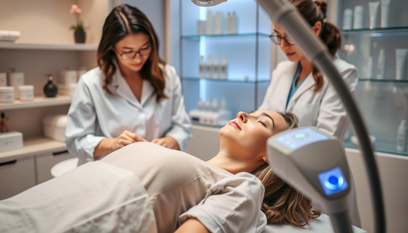 A close-up view of a professional skincare treatment room featuring a state-of-the-art pico laser device. In the foreground, a patient with sensitive skin, wearing modest casual clothing, is reclined on a treatment bed, while a trained skincare specialist, in a lab coat, prepares to administer the pico laser treatment. The specialist is focused and attentive, showcasing a professional demeanor. The background reveals calming decor with soft, neutral tones and gentle lighting that creates a serene atmosphere. Subtle reflections of equipment and skincare products can be seen on glass shelves, adding to the clinical yet inviting setting. The overall mood is one of care and safety, emphasizing the importance of choosing the right pico treatment while being aware of potential hidden risks for sensitive skin.