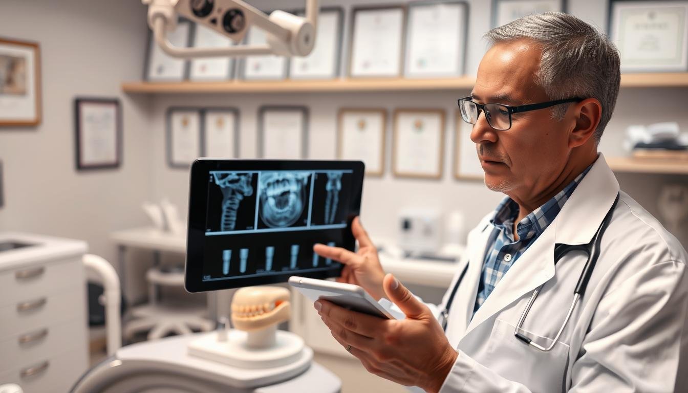 A professional dental clinic setting, focusing on an experienced dentist evaluating dental implant procedures. In the foreground, a dentist in a white coat and glasses is examining X-rays on a tablet, with an attentive expression. In the middle, there is a dental chair with a model of a human jaw and implant tools, showcasing the precision involved in implant placement. The background features a well-organized dental office with certificates on the walls and soft ambient lighting that creates a calm, clinical atmosphere. Use a bright, neutral color palette to emphasize cleanliness and professionalism, captured with a shallow depth of field to keep the focus on the dentist and the evaluation process. The mood is serious yet hopeful, highlighting the importance of careful assessment in dental implant success.