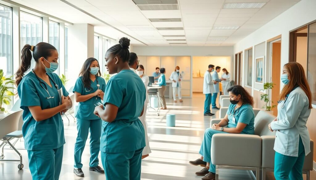 A vibrant daytime scene depicting a modern outpatient medical center filled with professional nursing staff providing attentive care. In the foreground, a diverse group of nurses in smart uniforms interacting compassionately with patients. The middle ground features clean, well-organized waiting areas with comfortable seating and natural light streaming in through large windows, creating a welcoming atmosphere. In the background, visible offices of specialized doctors are designed with a contemporary aesthetic, indicating professionalism and high-quality healthcare. Soft, warm lighting enhances the inviting and reassuring mood of the environment, and the composition should be shot from a slightly elevated angle to capture the entire scene. The overall feeling is one of trust, care, and accessibility, highlighting the enhanced patient experience in this essential healthcare facility. A vibrant daytime scene depicting a modern outpatient medical center filled with professional nursing staff providing attentive care. In the foreground, a diverse group of nurses in smart uniforms interacting compassionately with patients. The middle ground features clean, well-organized waiting areas with comfortable seating and natural light streaming in through large windows, creating a welcoming atmosphere. In the background, visible offices of specialized doctors are designed with a contemporary aesthetic, indicating professionalism and high-quality healthcare. Soft, warm lighting enhances the inviting and reassuring mood of the environment, and the composition should be shot from a slightly elevated angle to capture the entire scene. The overall feeling is one of trust, care, and accessibility, highlighting the enhanced patient experience in this essential healthcare facility.