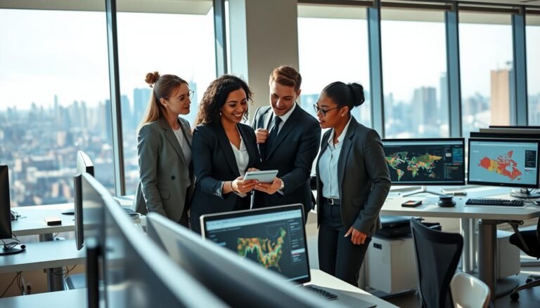A busy, modern logistics office scene showcasing a team of professionals analyzing data and shipments on large monitors. In the foreground, a diverse group of three colleagues (two women and one man) in smart business attire are collaborating over a digital tablet, pointing and discussing with enthusiasm. The middle ground features sleek desks equipped with high-tech computers displaying graphs and maps related to tax-free shipping services. In the background, large windows reveal a vibrant city skyline under bright, natural daylight casting soft shadows across the room, creating a productive atmosphere. The overall mood is focused and dynamic, emphasizing efficiency in the operation of American tax-free shopping services. Lighting is bright and even, highlighting the professionalism and collaboration of the team in action.