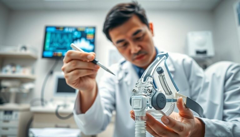 A close-up scene featuring a detailed examination of a CPAP mask used for sleep apnea therapy. The focus is on a medical professional, a middle-aged Asian man in a white lab coat, carefully inspecting the mask with a clinical tool in a brightly lit clinic room. In the foreground, the CPAP mask is prominently displayed, showcasing its intricate design and cushioning features. The middle ground reveals a well-organized medical workspace with various respiratory devices and tools. The background shows a soft-focus monitor displaying relevant sleep apnea data, creating a focused yet bustling atmosphere. The lighting is bright and clinical, emphasizing the importance of the examination and the mask’s fit. The overall mood is serious and professional, reflecting the importance of ensuring proper functionality and comfort in sleep therapy.