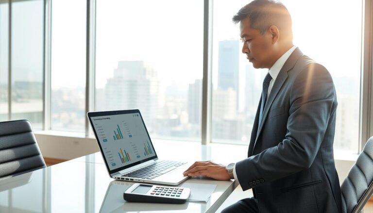 A modern, bright office setting showcasing a professional business person examining transparent pricing charts for a package forwarding service in the U.S. The foreground features a well-dressed individual, perhaps a middle-aged Asian man, focused on a laptop screen displaying clear, easy-to-read graphs and pricing information. In the middle, a stylish desk with documents and a calculator, symbolizing careful cost analysis. The background includes a large window with sunlight streaming through, highlighting a cityscape outside, enhancing a feeling of trust and professionalism. The atmosphere is optimistic and transparent, reflecting the theme of straightforward service fees. Soft, natural lighting and a slight blur on the background create depth and focus on the subject's analytical expression.