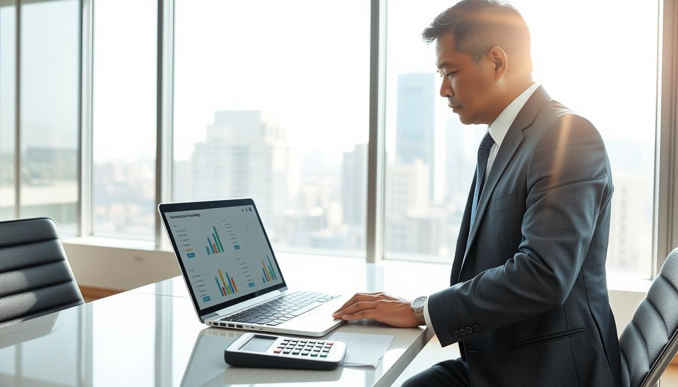 A modern, bright office setting showcasing a professional business person examining transparent pricing charts for a package forwarding service in the U.S. The foreground features a well-dressed individual, perhaps a middle-aged Asian man, focused on a laptop screen displaying clear, easy-to-read graphs and pricing information. In the middle, a stylish desk with documents and a calculator, symbolizing careful cost analysis. The background includes a large window with sunlight streaming through, highlighting a cityscape outside, enhancing a feeling of trust and professionalism. The atmosphere is optimistic and transparent, reflecting the theme of straightforward service fees. Soft, natural lighting and a slight blur on the background create depth and focus on the subject's analytical expression.