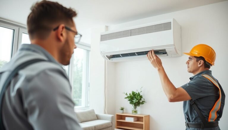 A professional technician installing a split-type air conditioner in a modern apartment. The foreground features the technician, dressed in a neat uniform and safety gear, carefully checking the installation process. In the middle, the split air conditioning unit is mounted on a wall, with visible pipes and electrical connections. The background shows a bright, well-lit living room with large windows allowing natural light to illuminate the space. The atmosphere conveys diligence and precision, highlighting the importance of quality workmanship in reducing noise and vibration issues. The image should have a soft focus to emphasize the installation work, showcasing clarity in the details of the air conditioning unit and surrounding elements.