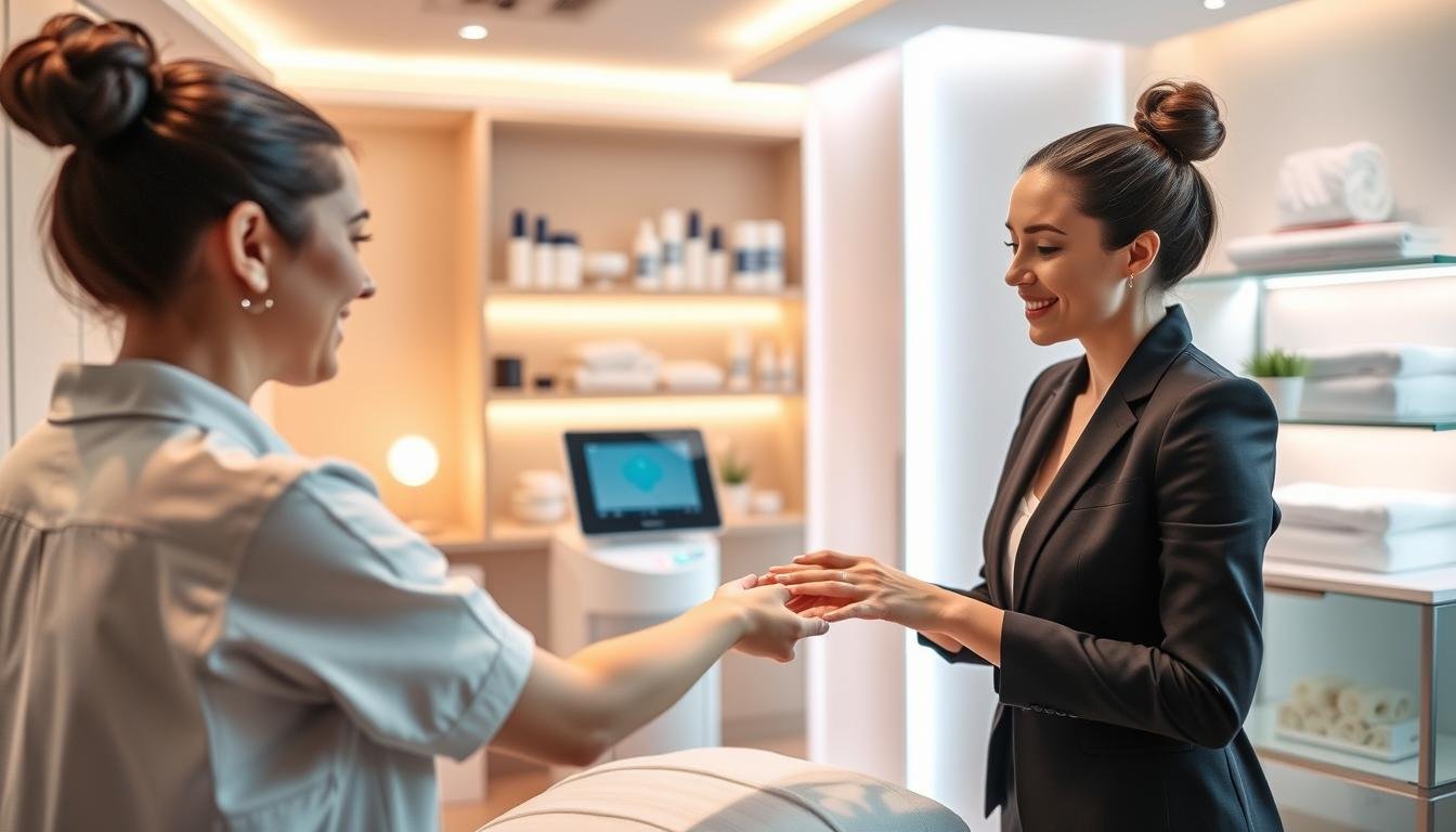 A serene and modern laser hair removal clinic scene highlighting post-treatment care. In the foreground, a professional practitioner in smart business attire gently applies soothing cream to a client's arm, showcasing a friendly and reassuring interaction. In the middle ground, a well-equipped treatment room filled with advanced laser technology and calming aesthetics, like soft lighting and neutral colors, enhances the ambiance. The background features shelves with high-quality skincare products and plush towels, conveying a sense of professionalism and comfort. The lighting is soft and warm, creating a welcoming atmosphere. The overall mood is tranquil and informative, emphasizing a focus on care and skincare following laser treatments.