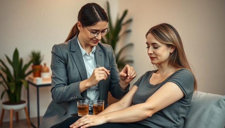 An acupuncture session focused on relieving eczema symptoms, set in a serene clinic environment. In the foreground, a therapist in professional business attire gently places acupuncture needles on the arm of a relaxed patient, who is wearing modest casual clothing, showcasing a calm and trusting expression. The therapist's hands are expertly positioning the needles, highlighting the precision of the treatment. In the middle ground, you can see a small table with acupuncture supplies, herbs, and calming herbal tea. The background contains soft, warm lighting with plants and soft colors that create a soothing atmosphere, promoting an ambiance of healing and tranquility. The overall mood reflects hope and relief for those suffering from eczema, emphasizing a holistic approach to wellness.
