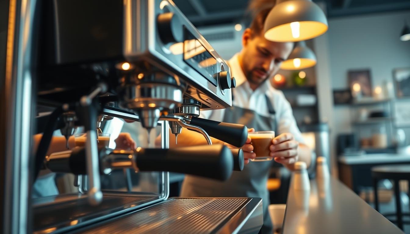 A professional barista operating a high-end commercial coffee machine in a modern café environment, showcasing the intricate details of espresso extraction. In the foreground, focus on the sleek, shiny metallic machine with steam rising, highlighting its advanced technology. In the middle ground, the barista pours freshly brewed espresso into elegant cups, demonstrating the machine's efficiency. The background features a stylish café interior with warm lighting and coffee-related decor, creating a cozy atmosphere. Use soft, diffused lighting to illuminate the scene, with a slightly blurred depth of field that emphasizes the barista and the coffee machine. The angle should be slightly above eye level, offering a dynamic view of the brewing process while maintaining a professional and inviting vibe.