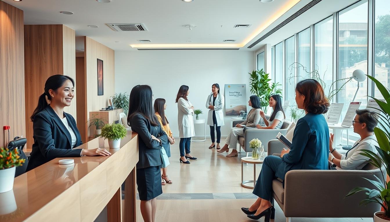 A modern medical center reception area, showcasing the professionalism of 康展邁醫學中心. In the foreground, a friendly receptionist in professional business attire greets patients and provides assistance, surrounded by elegant furniture and vibrant plants. In the middle ground, diverse patients consult with healthcare professionals, attentively discussing health concerns related to polycystic ovary syndrome (PCOS). The background features a serene waiting area with soft lighting, calming colors, and informative brochures on holistic treatments, creating a welcoming atmosphere. Soft natural light filters through large windows, enhancing the soothing environment. The overall mood is supportive and therapeutic, emphasizing expertise and compassionate care in women's health.