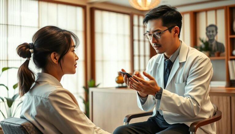 A serene and inviting traditional Chinese medicine clinic interior, showcasing a practitioner and a patient engaged in a consulting session. In the foreground, a professional-looking doctor, dressed in modest, professional attire, is examining a patient's skin with a focused expression. The patient, a young adult with a calm demeanor, sits in a comfortable chair, surrounded by calming decor like herbal remedies and plants. In the middle ground, a wooden reception desk is adorned with jars of herbal ingredients, emphasizing natural healing. The background features soft, warm lighting filtering through rice paper screens, creating an atmosphere of tranquility and nurturing. Capture the essence of healing through Chinese medicine in this intimate, consultation setting, highlighting the process of overcoming acne treatment challenges.